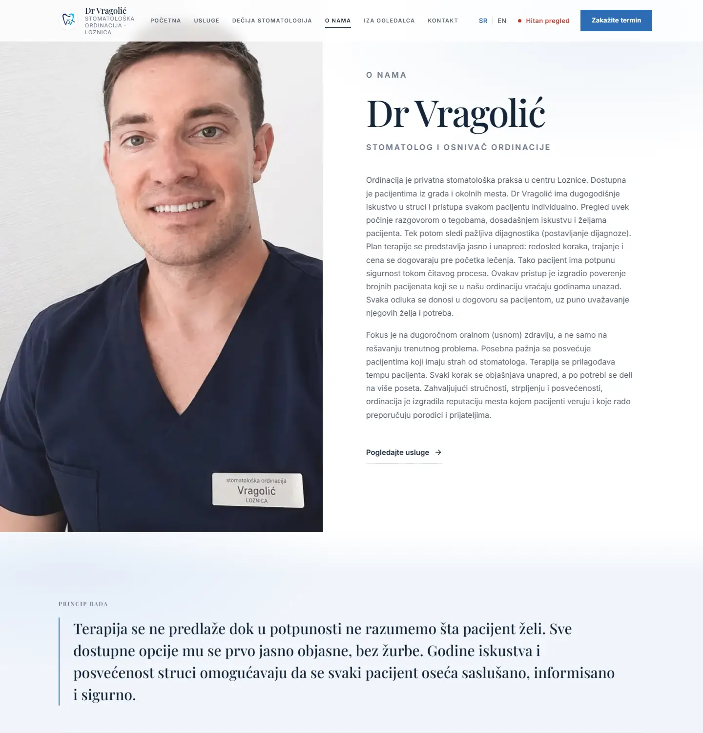 Screenshot of the 'About us' page on the Dr Vragolić website — colours derived from the logo