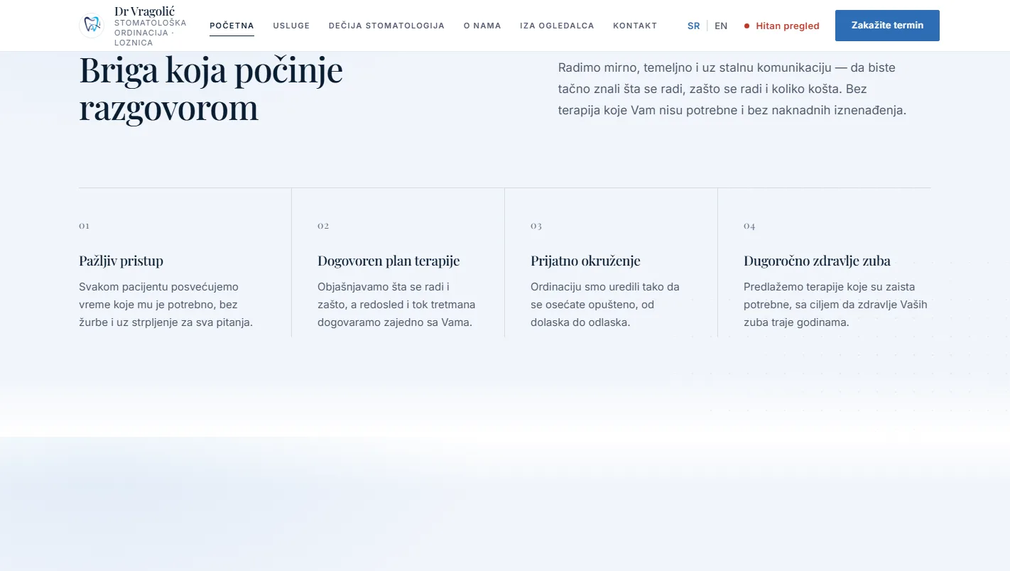 Screenshot of the 'why choose us' section on the Dr Vragolić website — no video or neon
