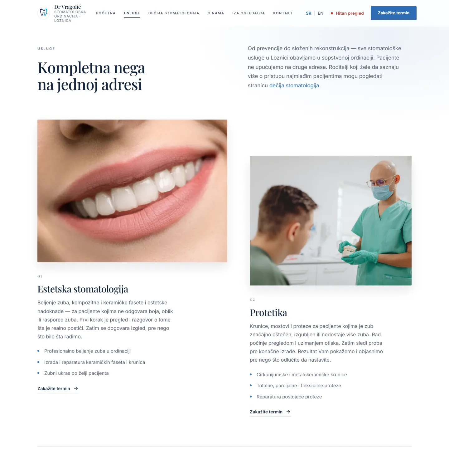 Screenshot of the services page on the Dr Vragolić website — content organised clearly by service