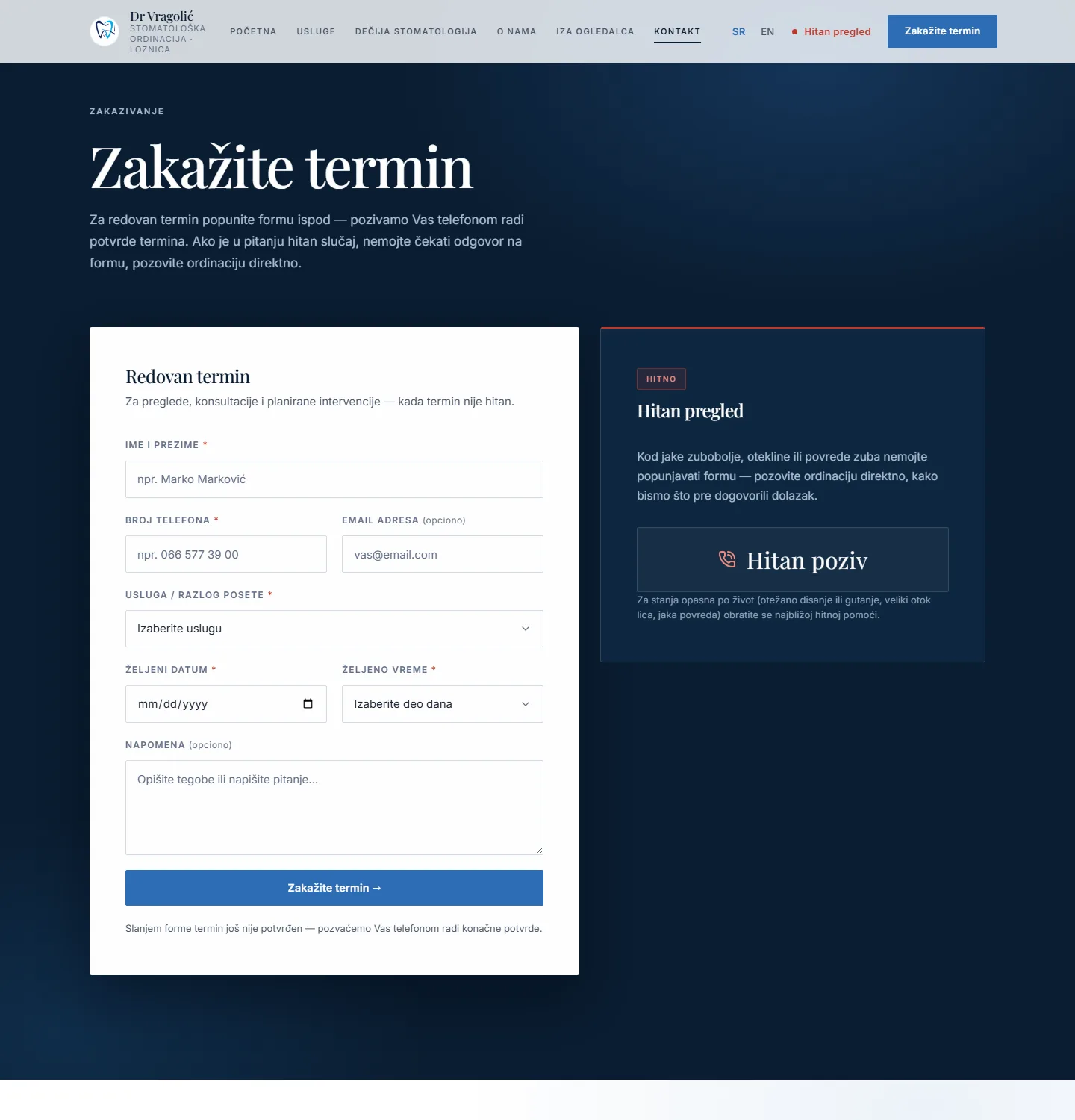 Screenshot of the appointment booking form on the Dr Vragolić website, connected to n8n automation